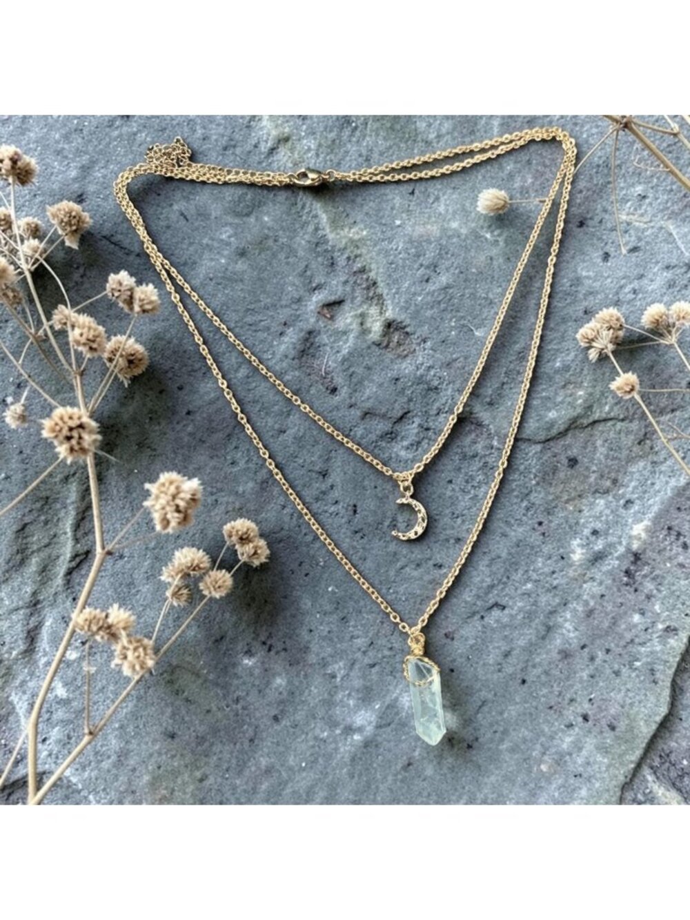 Layered Gold Plated Chain Necklace Crescent Moon Clear Quartz Crystal Pendant